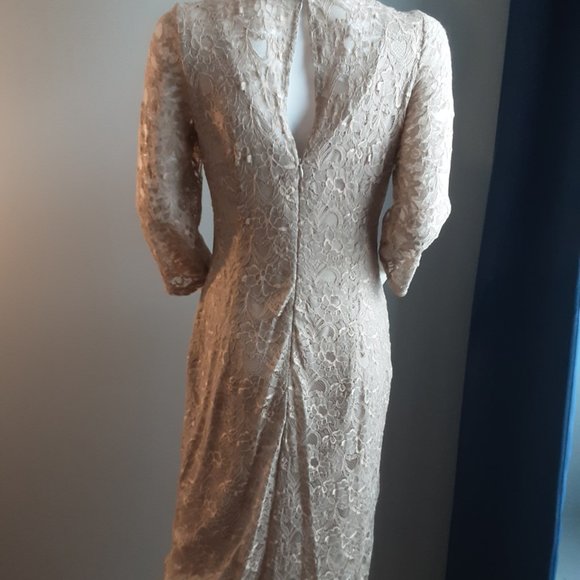 LONDON TIMES Tan Lace Overlay Midi Dress - Picture 6 of 10